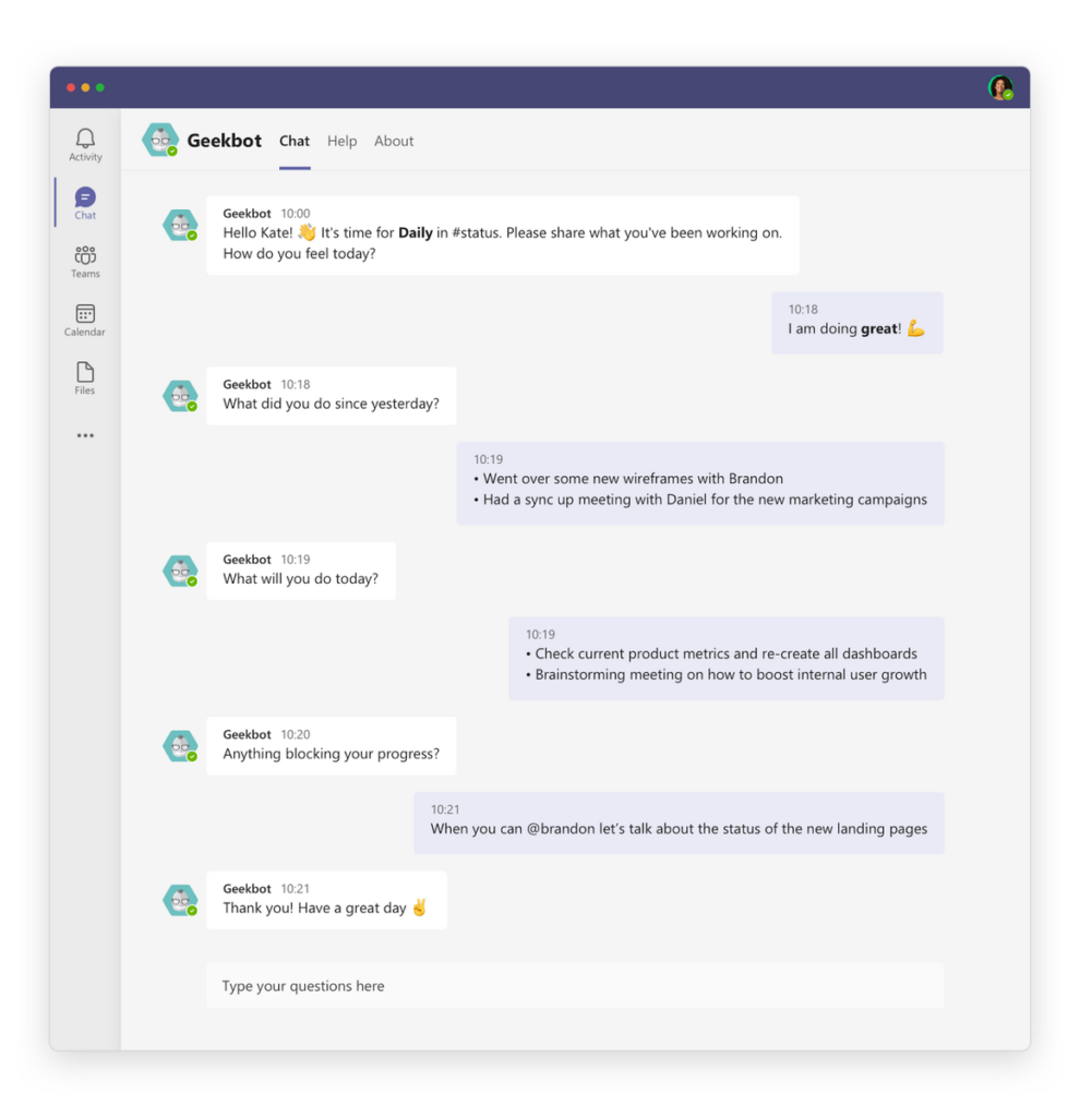 Geekbot chat in Microsoft Teams. 