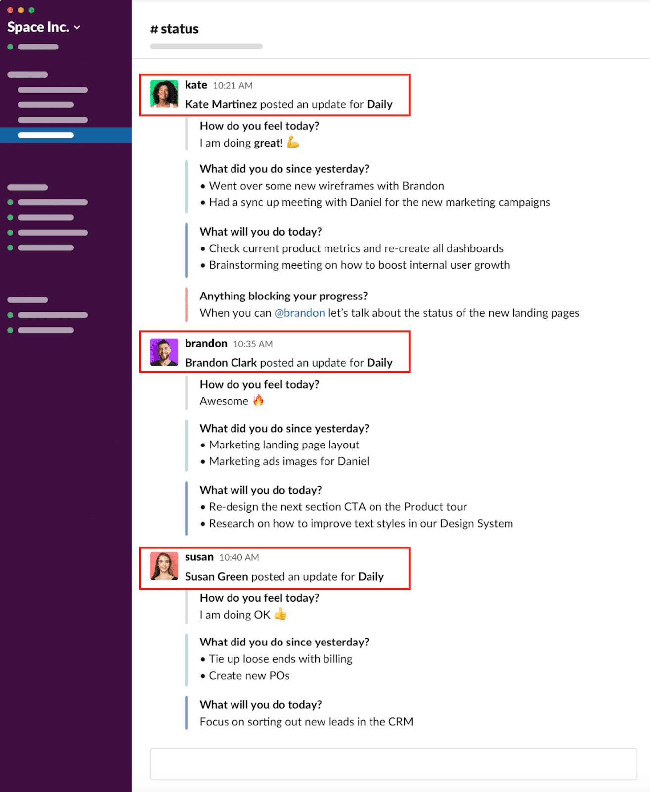 When your team posts their daily update responses, they are added to the slack channel for everyone to see.