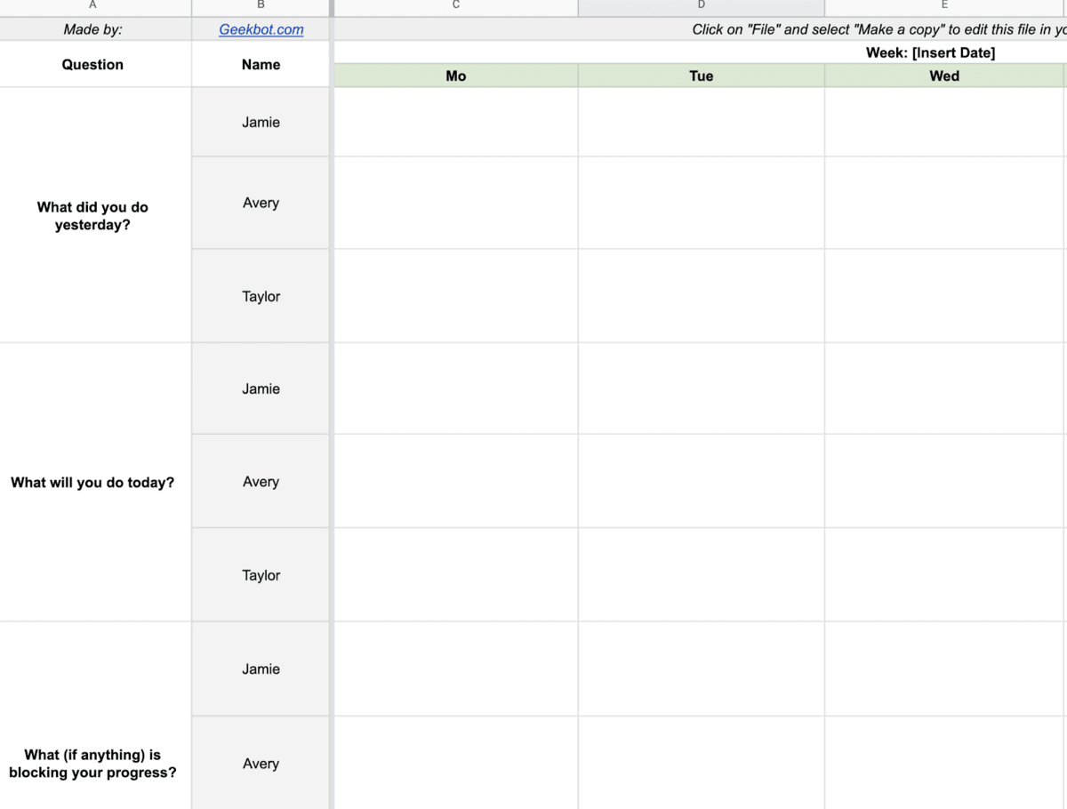 Daily Standup Meeting Template for Google Sheets