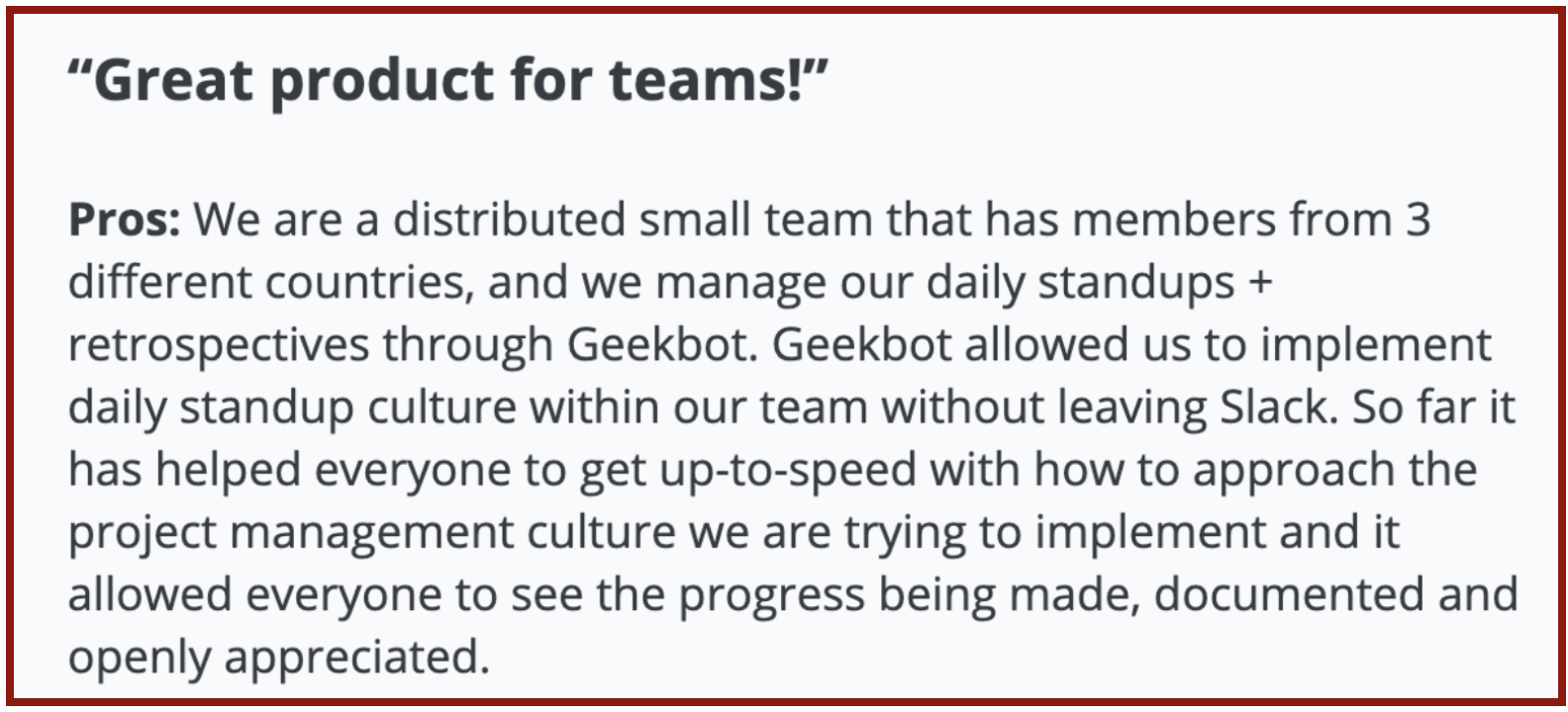 Geekbot reviews on Capterra: "Great product for teams!"
