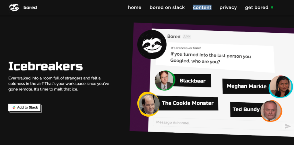 Bored homepage: Icebreakers for Slack