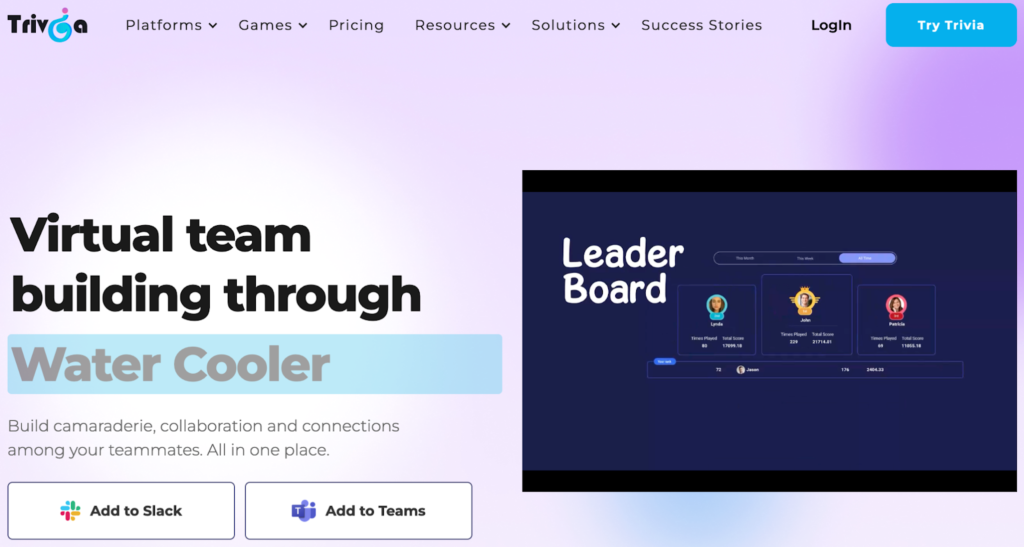 Trivia homepage: Virtual team building through Water Cooler