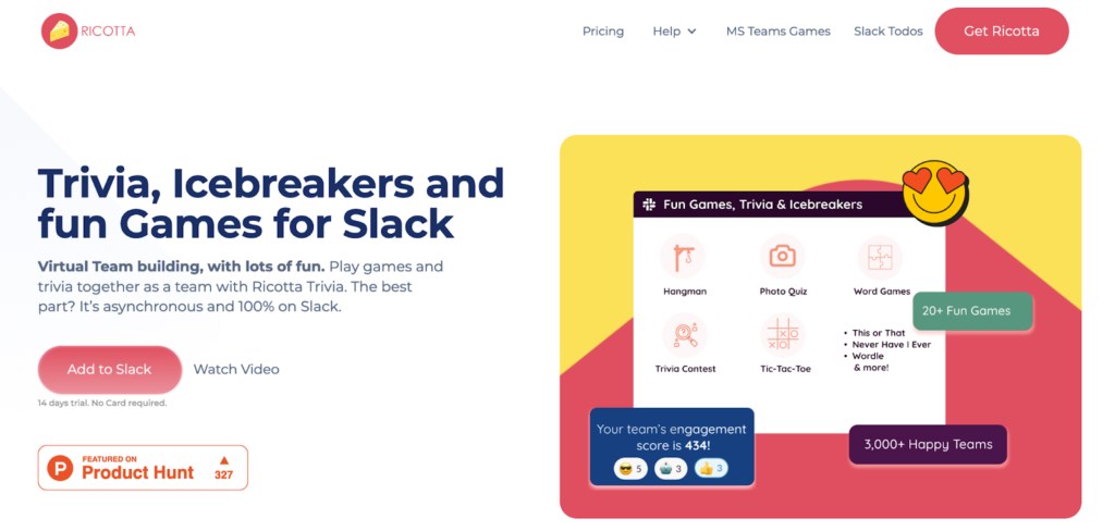 Ricotta homepage: Trivia, Icebreakers, and fun Games for Slack