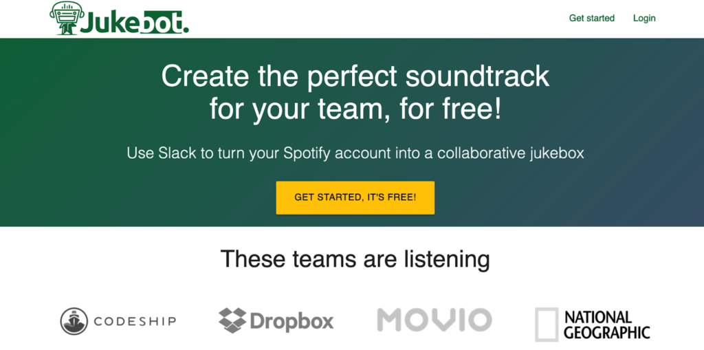 Jukebot homepage: Create the perfect soundtrack for your team, for free!