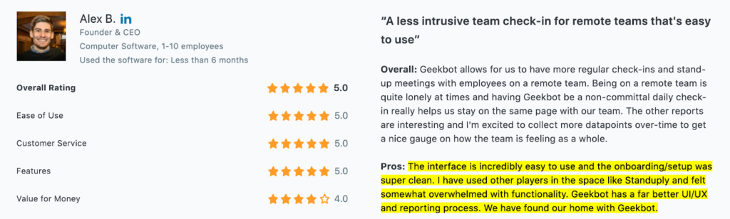 Alex B's Geekbot review: "A less intrusive team check-in for remote teams that's easy to use"