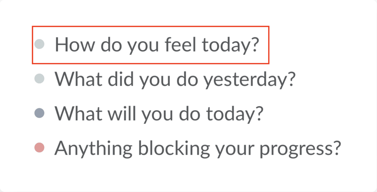 The four questions include: 'How do you feel today?', 'What did you do yesterday?', 'What will you do today?', and 'Anything blocking your progress?'