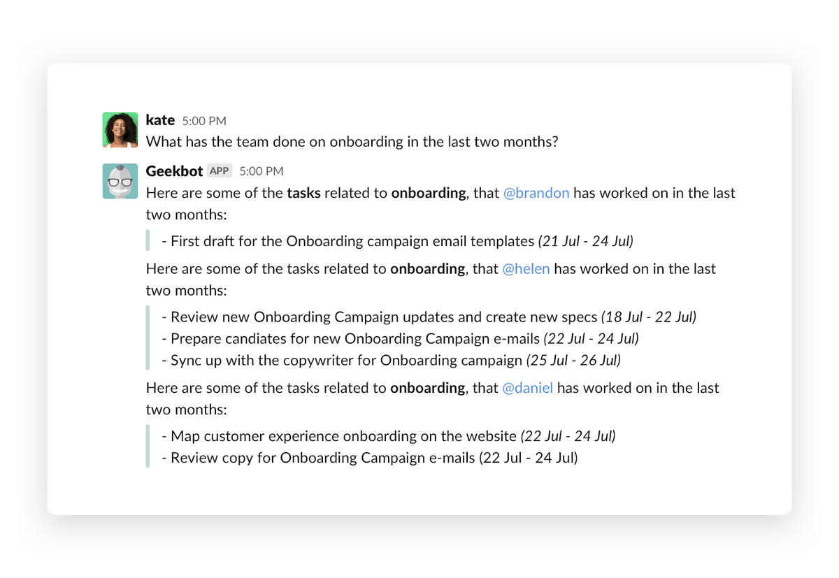 Example of messaging Geekbot and getting a relevant summary of the question.