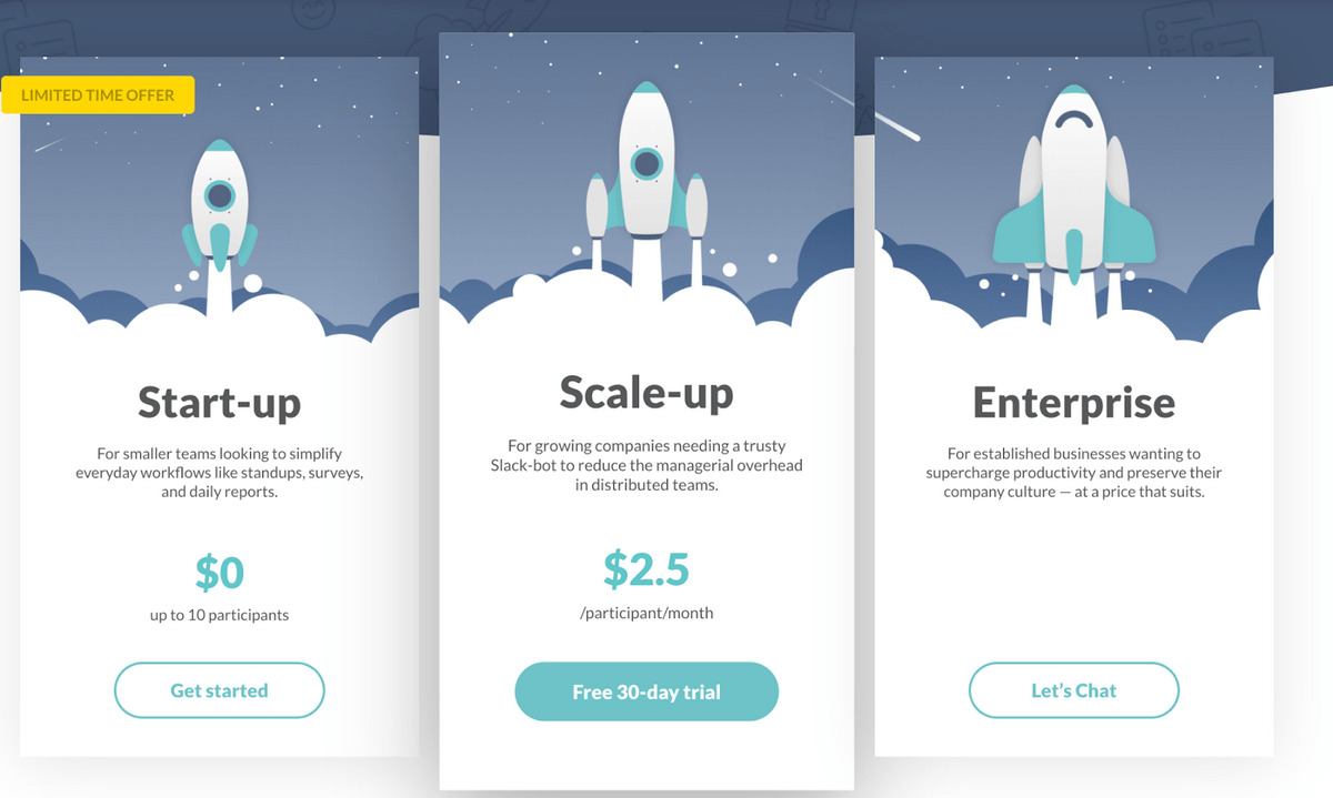 Start up tier is free, Scale-up tier is $2.50 per user per month, and the Enterprise tier varies in price. 