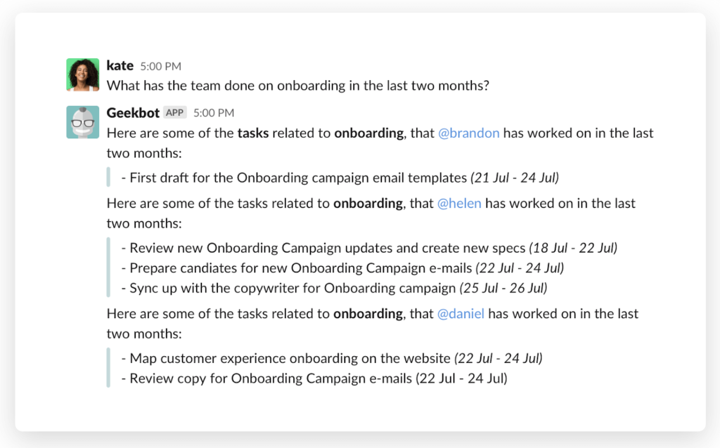 Geekbot update on work that's been done when asked "What has the team done on onboarding in the last two months?"
