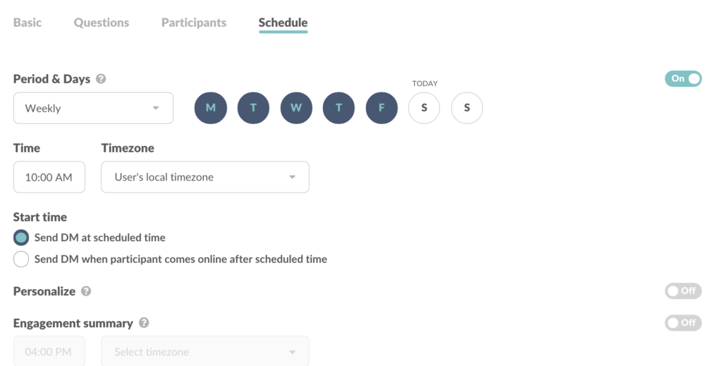 Schedule Slack polls for a certain time period, whether it's a one-time thing or a recurring poll.