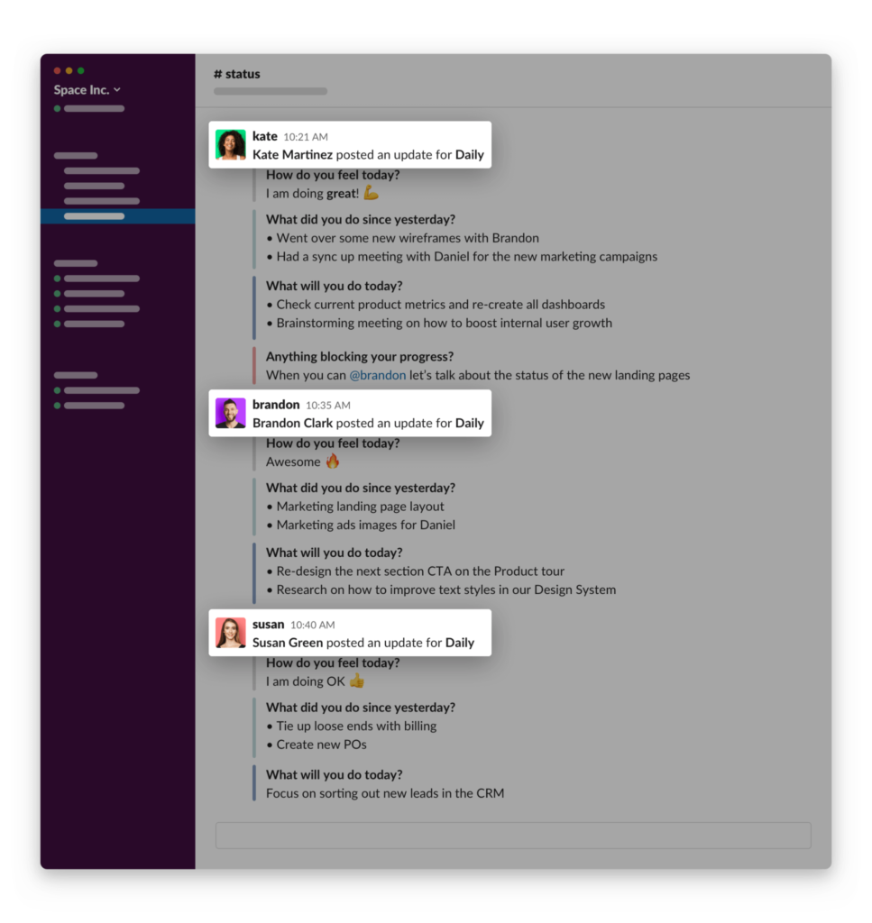 When team members respond to the standup, their messages get sent to the Slack channel