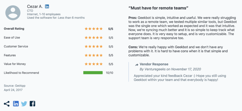 Geekbot review: "Must have for remote teams!"