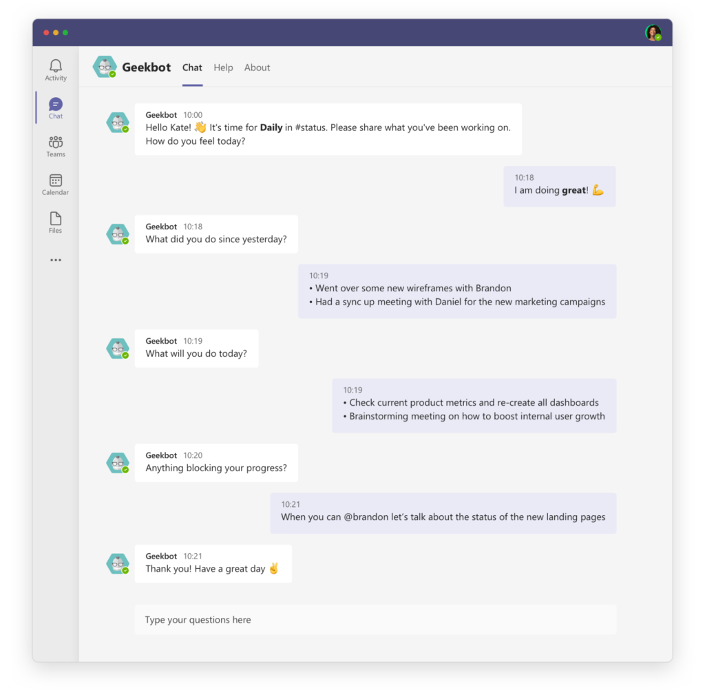 Geekbot and Microsoft Teams integration: Daily Standup