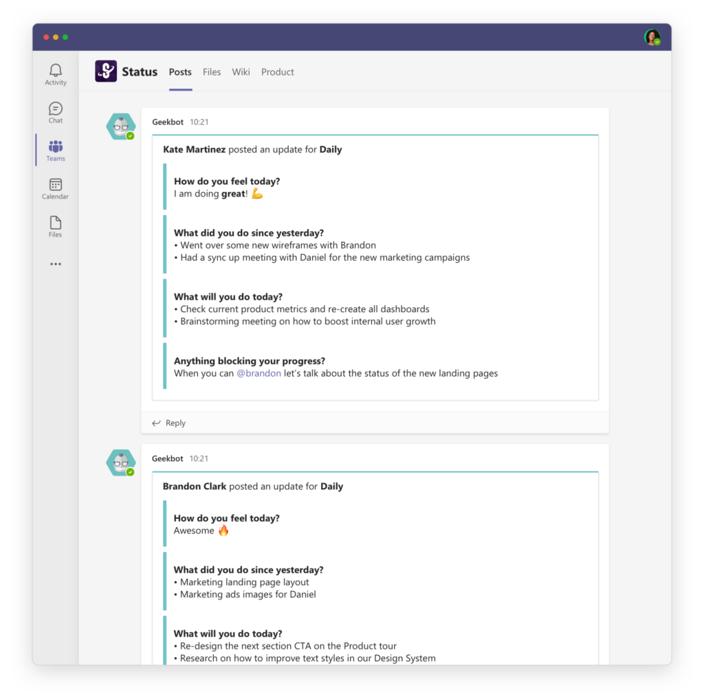 Geekbot and Microsoft Teams integration: Daily Updates