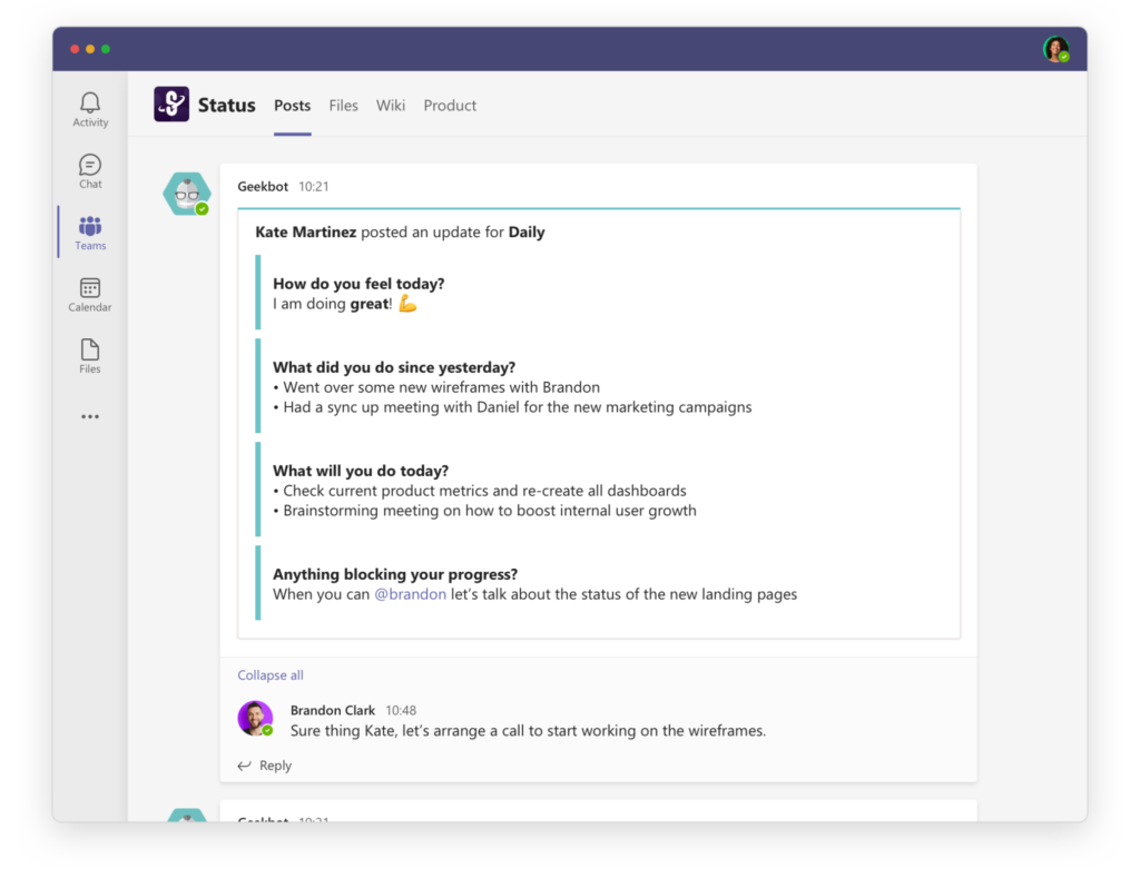 Geekbot and Microsoft Teams integration: Threaded Conversations