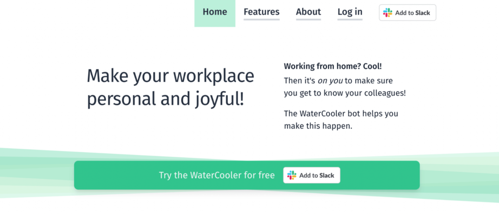 WaterCooler bot homepage: Make your workplace personal and joyful!