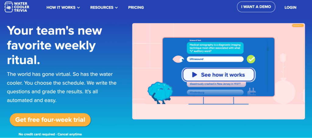 Water Cooler Trivia homepage: Your team's new favorite weekly ritual. 