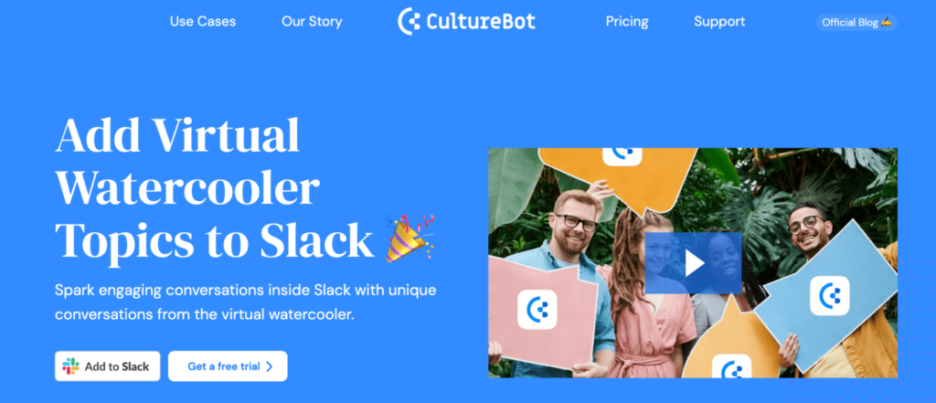 CultureBot homepage: Add virtual watercooler topics to Slack. 