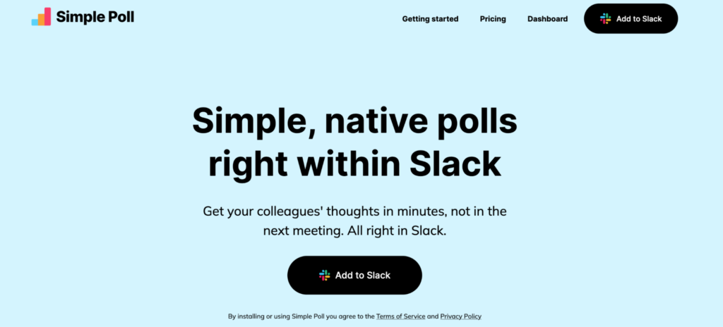 Simple Poll homepage: Simple, native polls right within Slack.