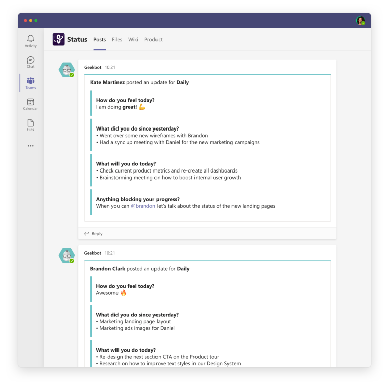 Responses shared in Microsoft Teams channel.
