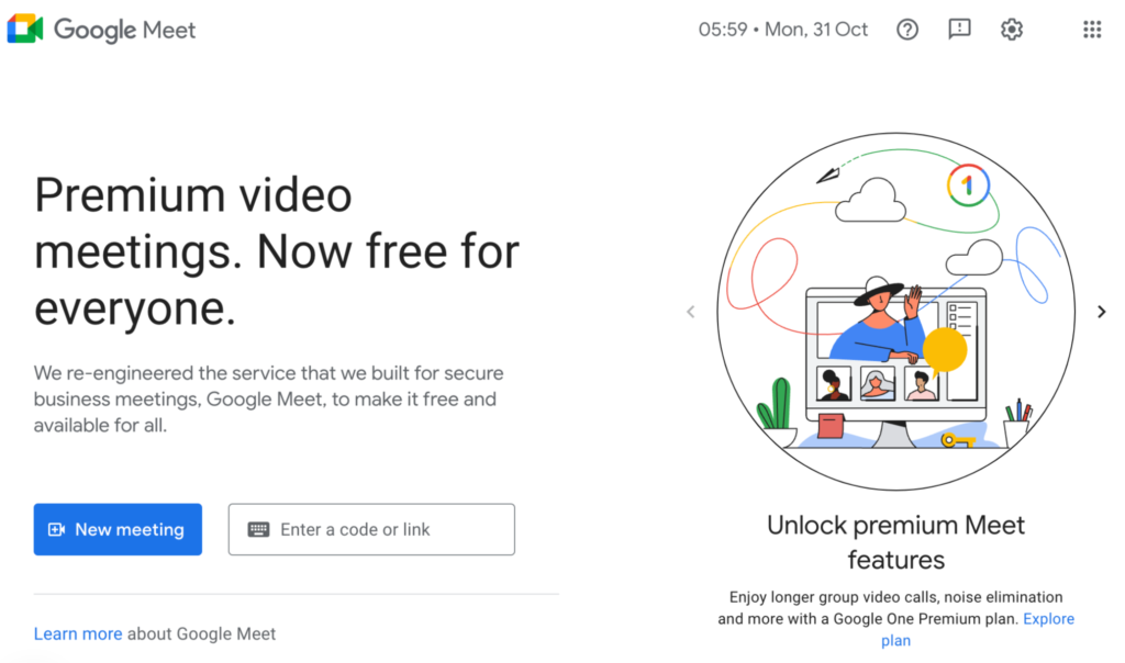 Google Meet homepage: Premium video meeting. Now free for everyone. 