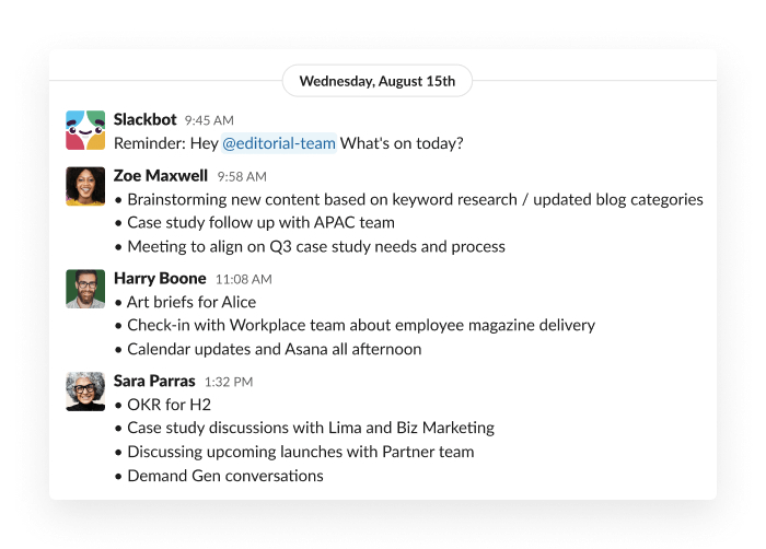 Slackbot message: Hey @editorial-team What's on today? with responses. 