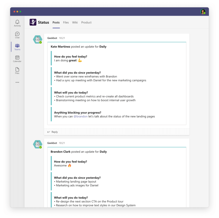 Geekbot shares answers in a group Microsoft Teams channel. 